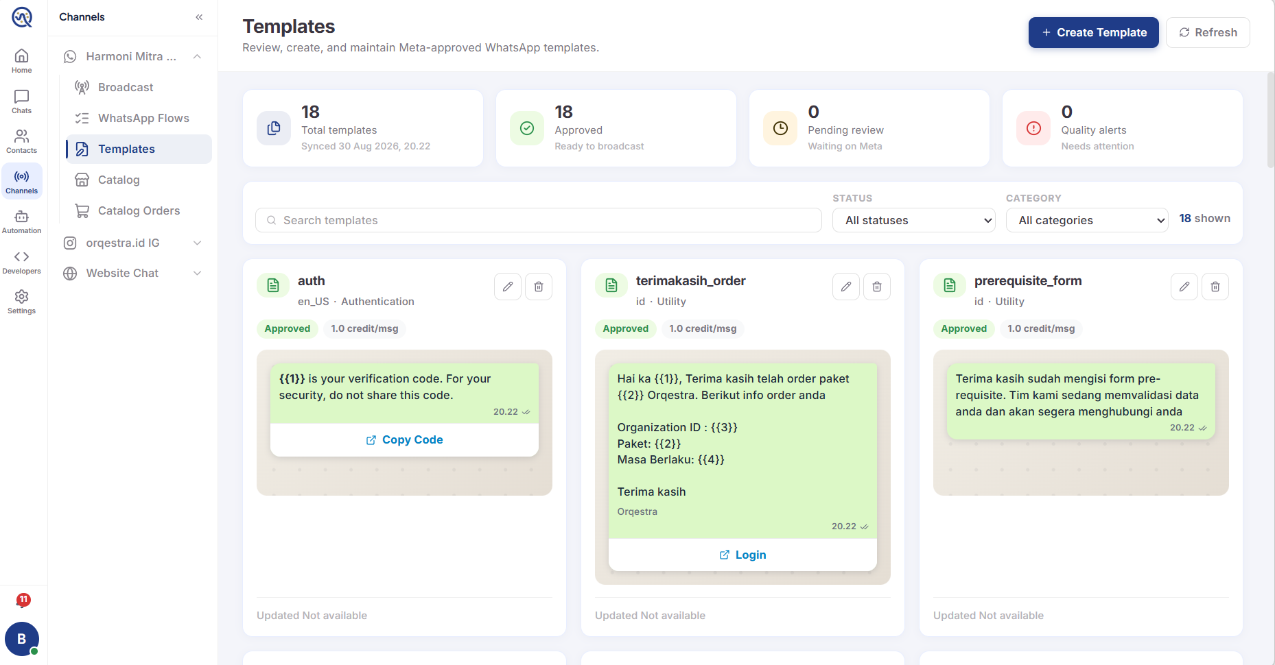 Tampilan Broadcast di dashboard Orqestra