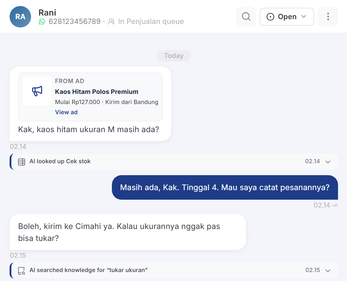 Chat Rani di inbox Orqestra, dengan kartu iklan asalnya
